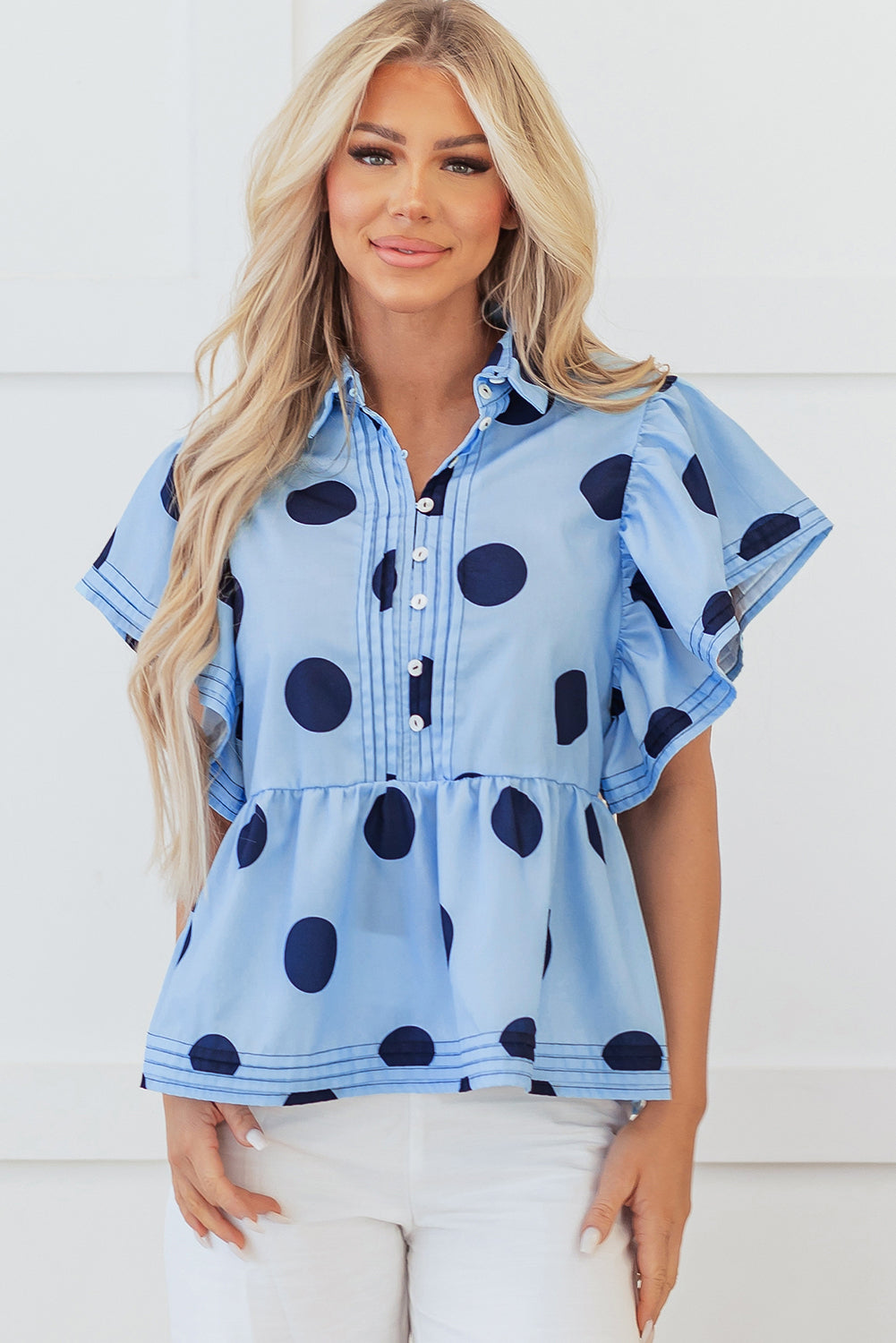 Women Polka Dot Ruffle Sleeve Button Blouse