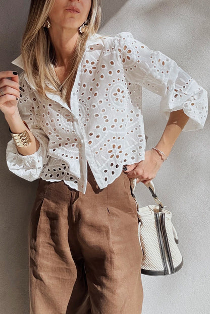 White Eyelet Embroidered Puff Sleeve Button Crop Shirt