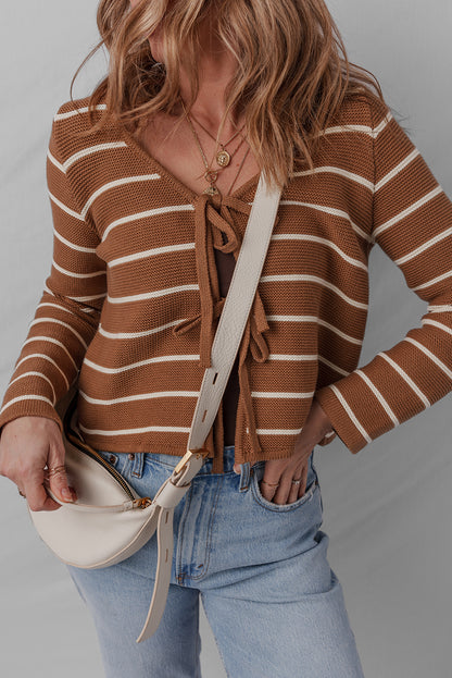 Chestnut Striped Knit Tie Front V Neck Cardigan Sweater