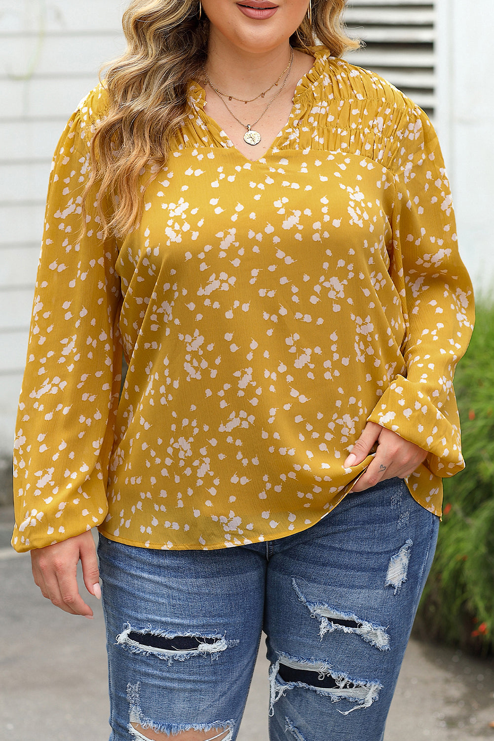 Bright Pink Plus Size Floral Print Ruched Split Neck Blouse