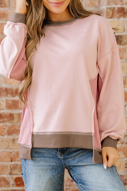 Color Block Patchwork Waffle Knit Oversized Sweatshirt