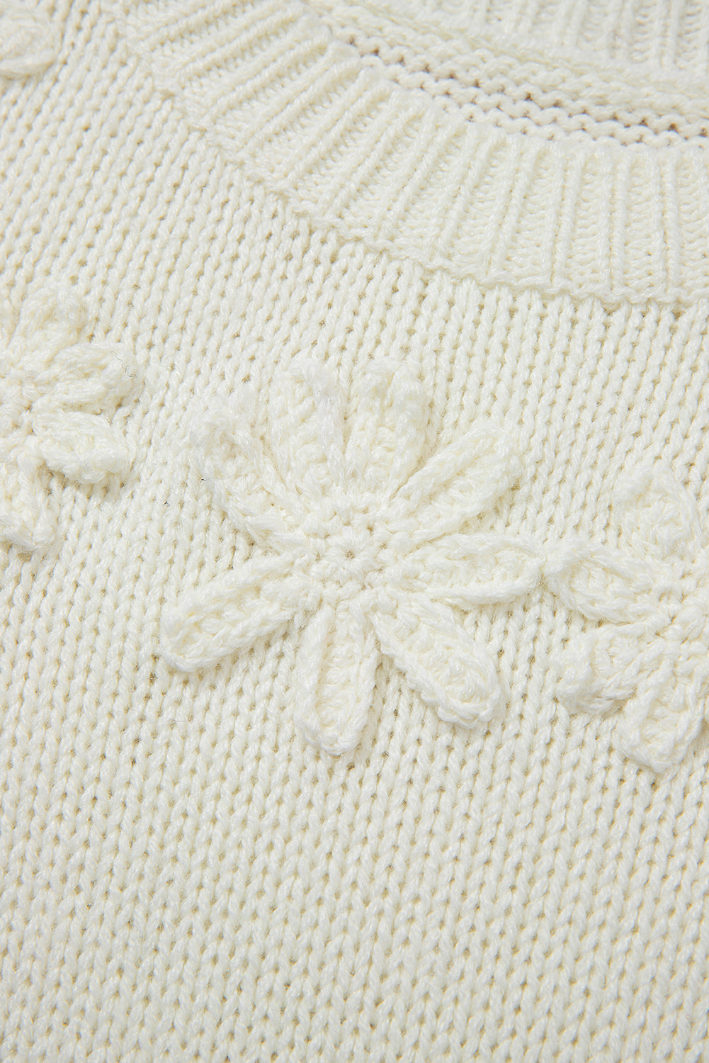 White Flower Applique Puff Sleeve Knit Sweater