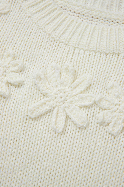 White Flower Applique Puff Sleeve Knit Sweater