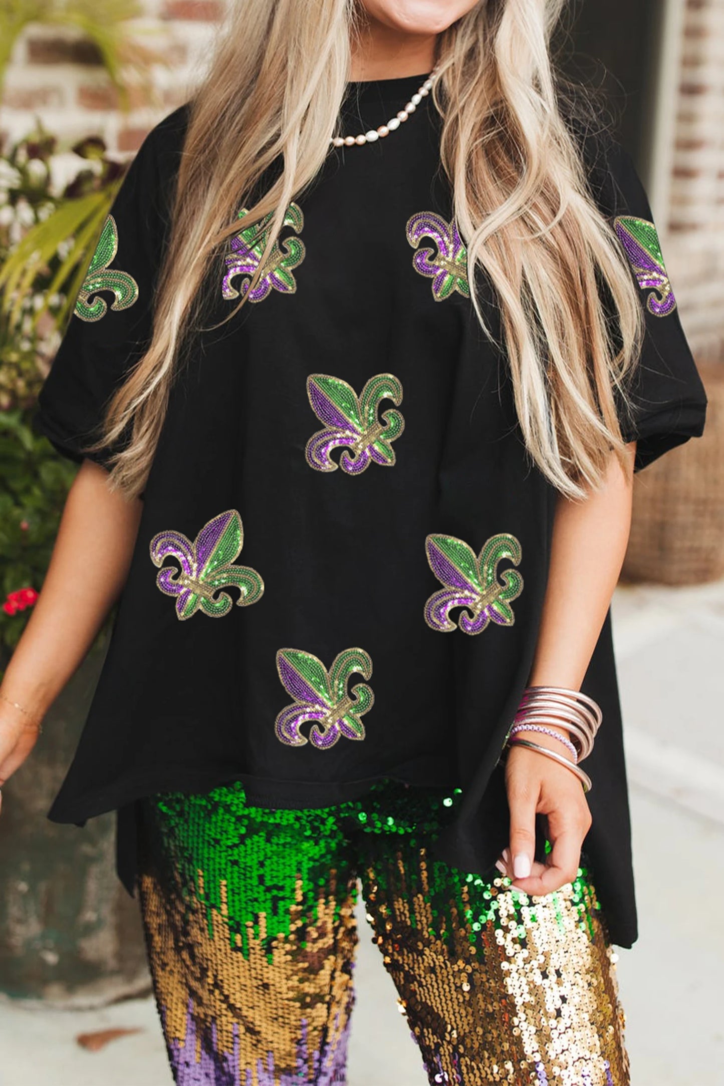 Black Oversized Sequin Fleur De Lis Mardi Gras Tee