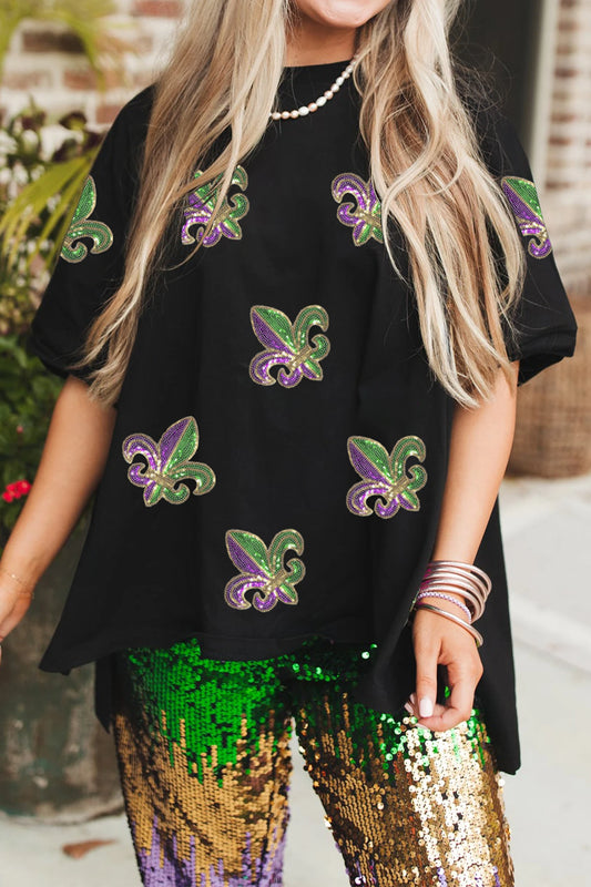 Black Oversized Sequin Fleur De Lis Mardi Gras Tee