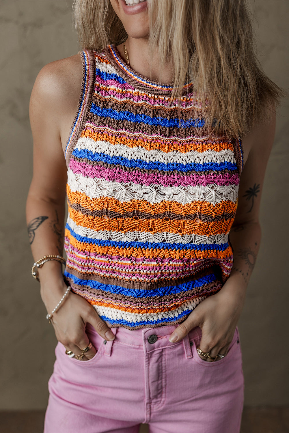 Boho Striped Crochet Knit Tank Sleeveless Sweater