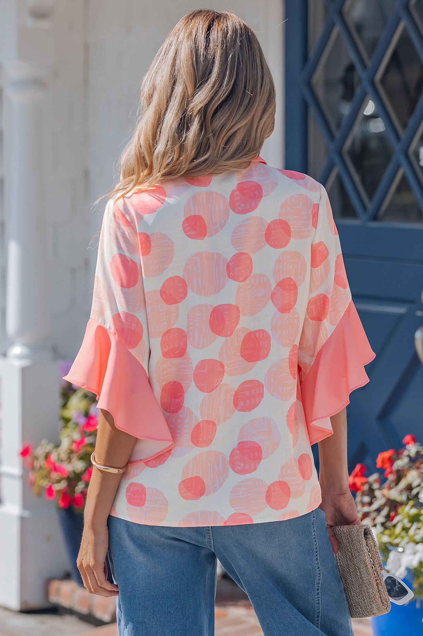 Abstract Dot Print Babydoll Top Women Ruffle Sleeve