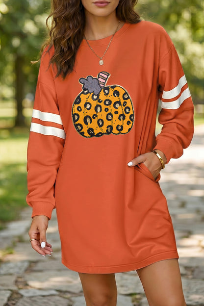 Leopard Pumpkin Graphic Varsity Stripe Sweatshirt Dress
