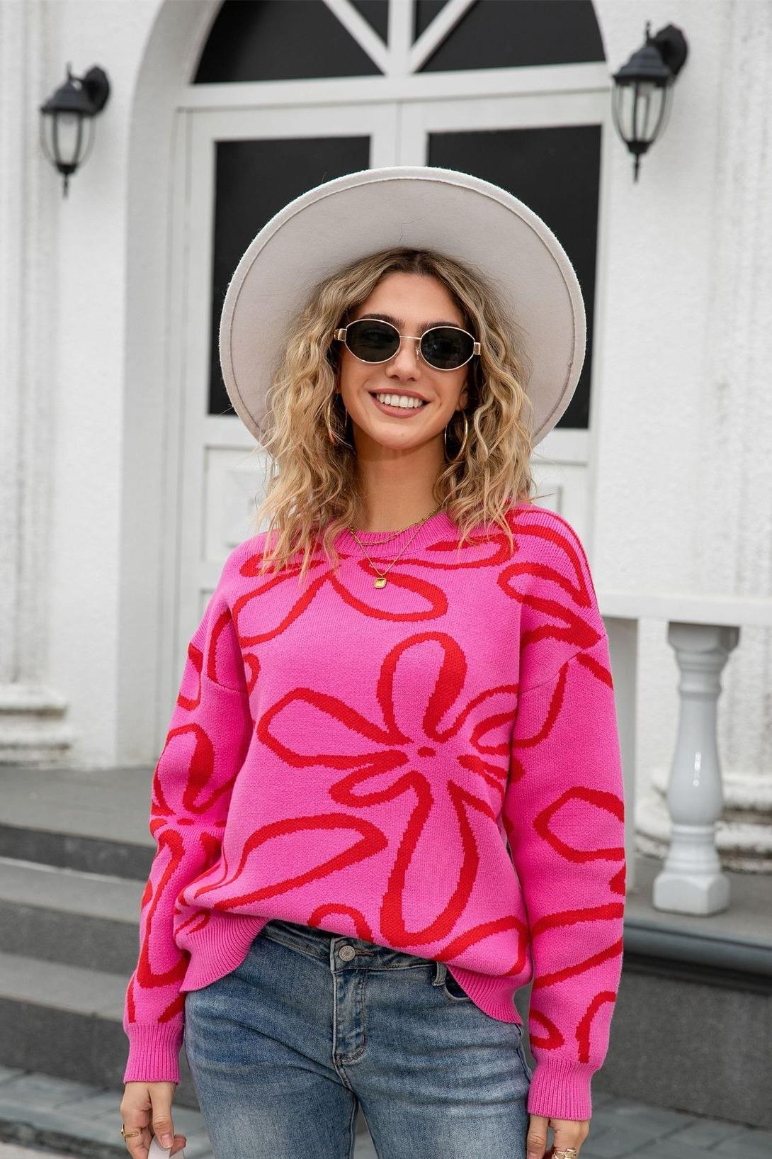 Bold Floral Crewneck Knit Sweater – Fall Street Style