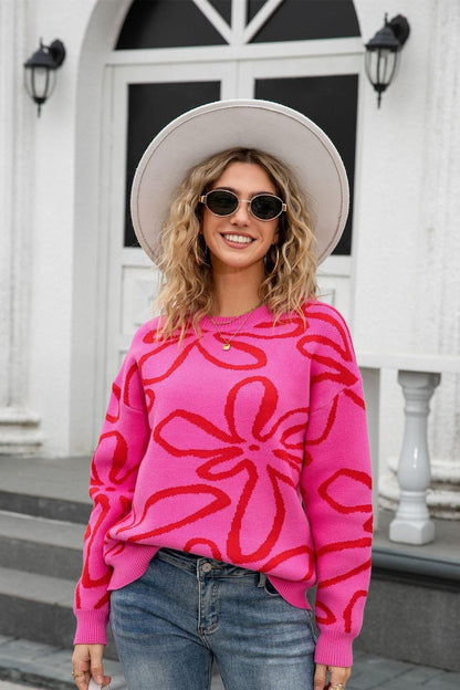 Bold Floral Crewneck Knit Sweater – Fall Street Style