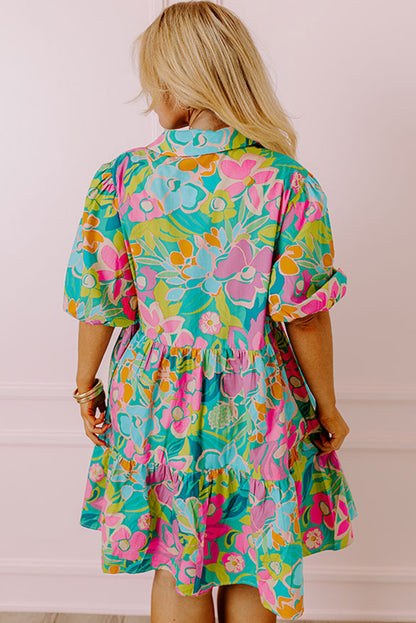 Green Plus Floral Print Puff Sleeve Tiered Shirt Dress