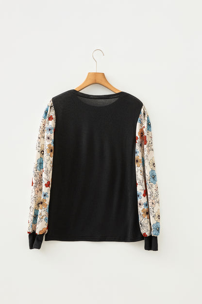 Black Leopard Puff Sleeve Patchwork Casual Top
