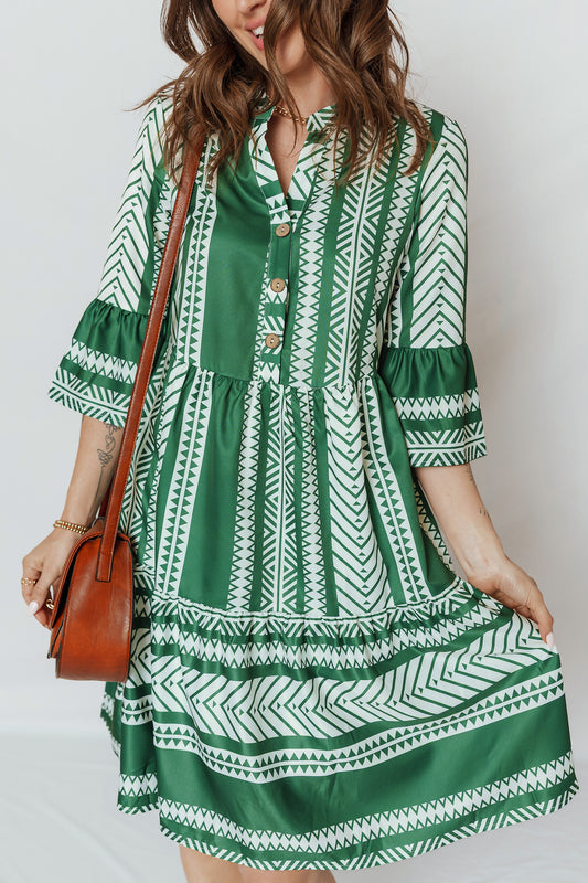 Boho Ethnic Print Mini Dress Women 3 4 Sleeve Button