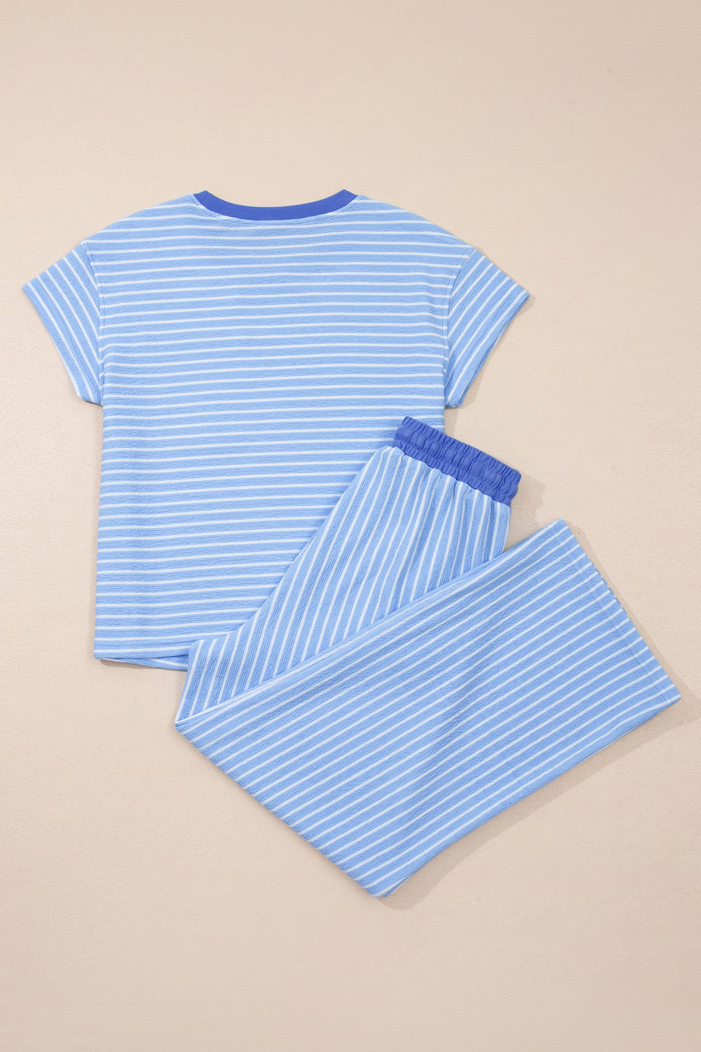 Khaki Stripe Crew Neck Tee Drawstring Waist Cropped Pants Set