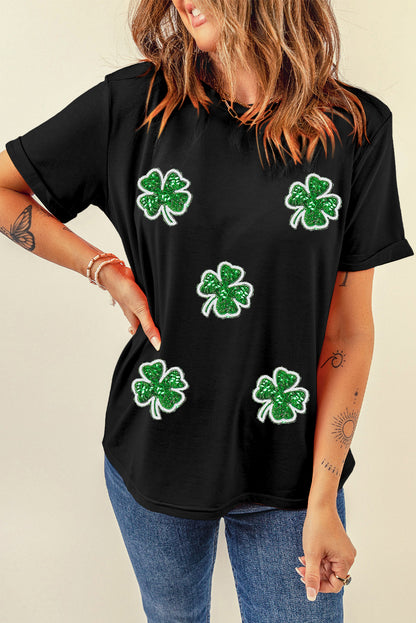 Black Four Leaf Clover Graphic Tee for St Patrick’s Day