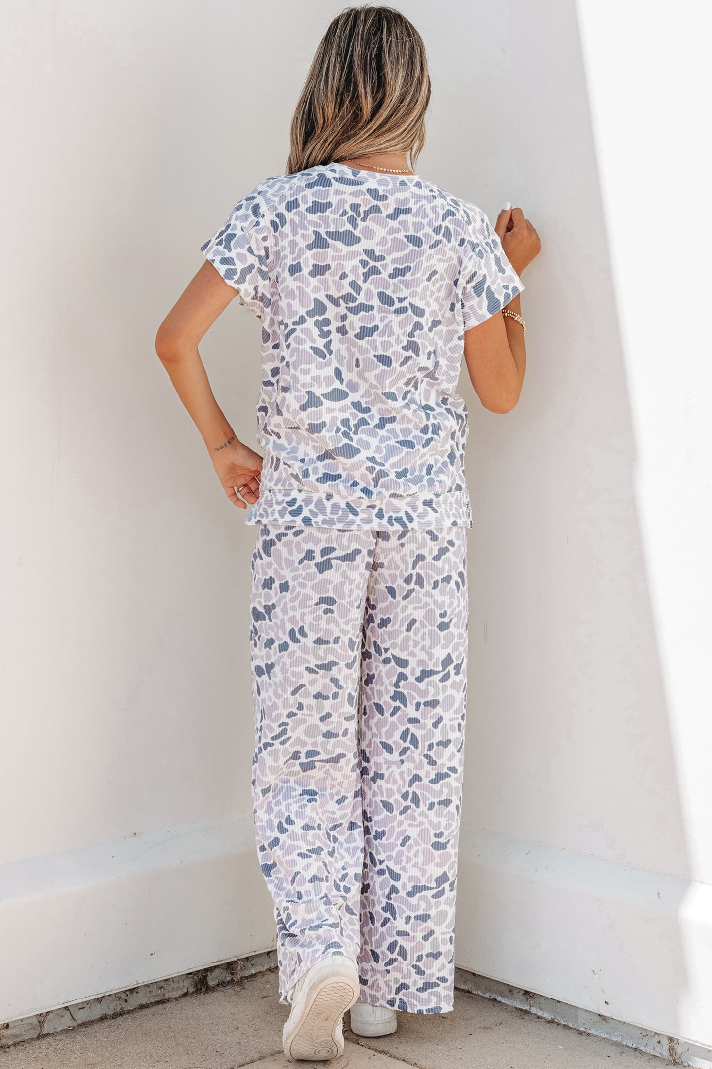 Women Camo Print Two Piece Set Casual Tee Drawstring Pants