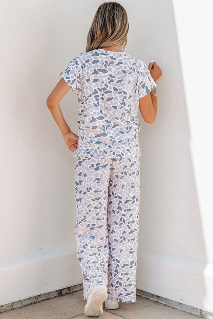 Women Camo Print Two Piece Set Casual Tee Drawstring Pants
