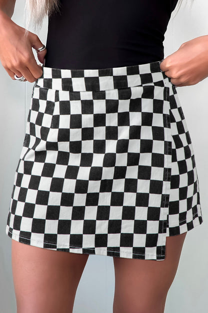 Checkered Print Overlap Denim Skort Mini Shorts