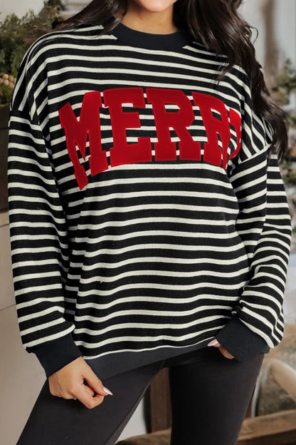 Black Striped MERRY Christmas Sweatshirt Drop Shoulder Pullover