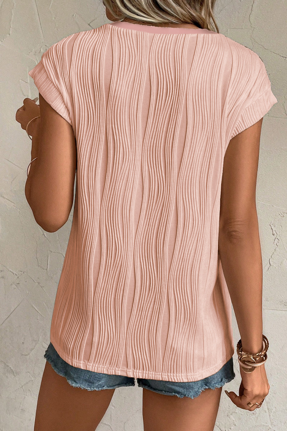 Ribbed V Neck Button Cap Sleeve Knit Top Casual
