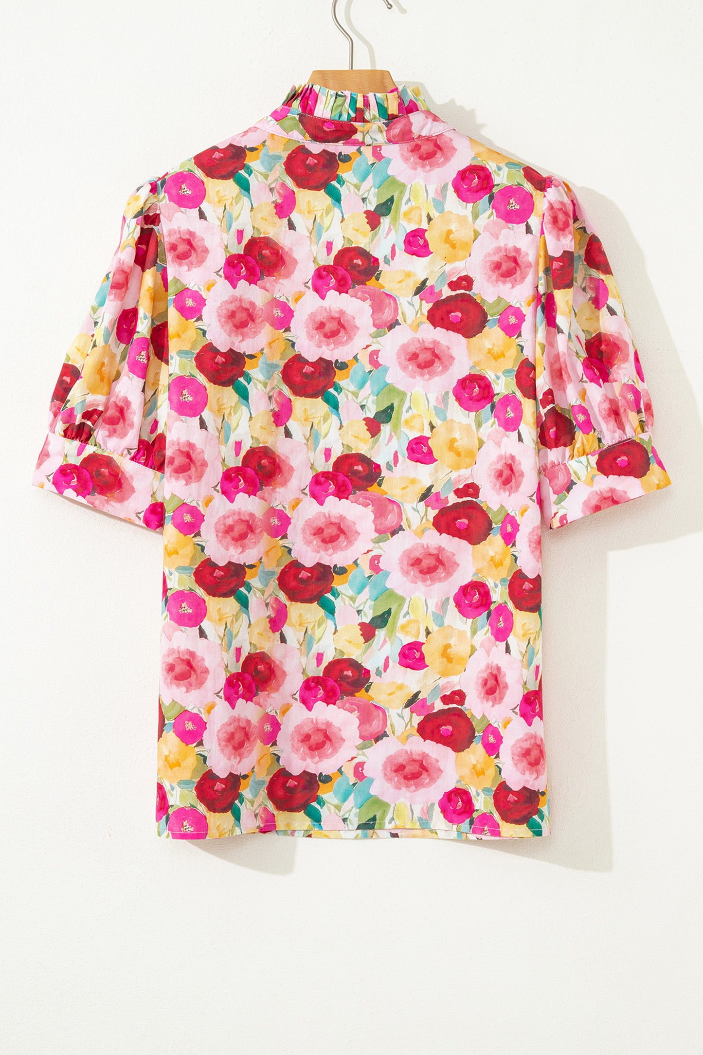 Pink Floral V Neck Puff Sleeve Blouse