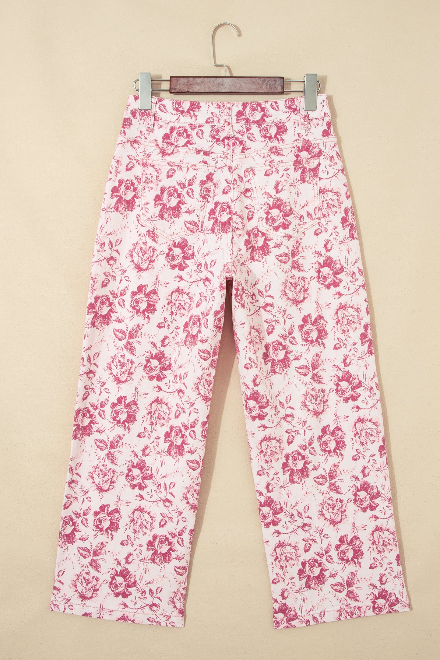 Pink Vintage Floral Print Wide Leg Denim Pants