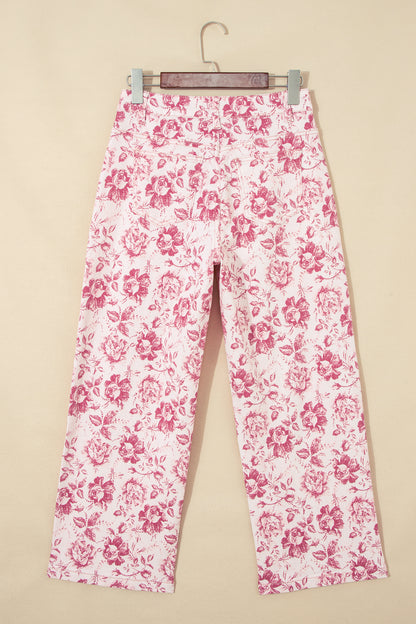 Pink Vintage Floral Print Wide Leg Denim Pants