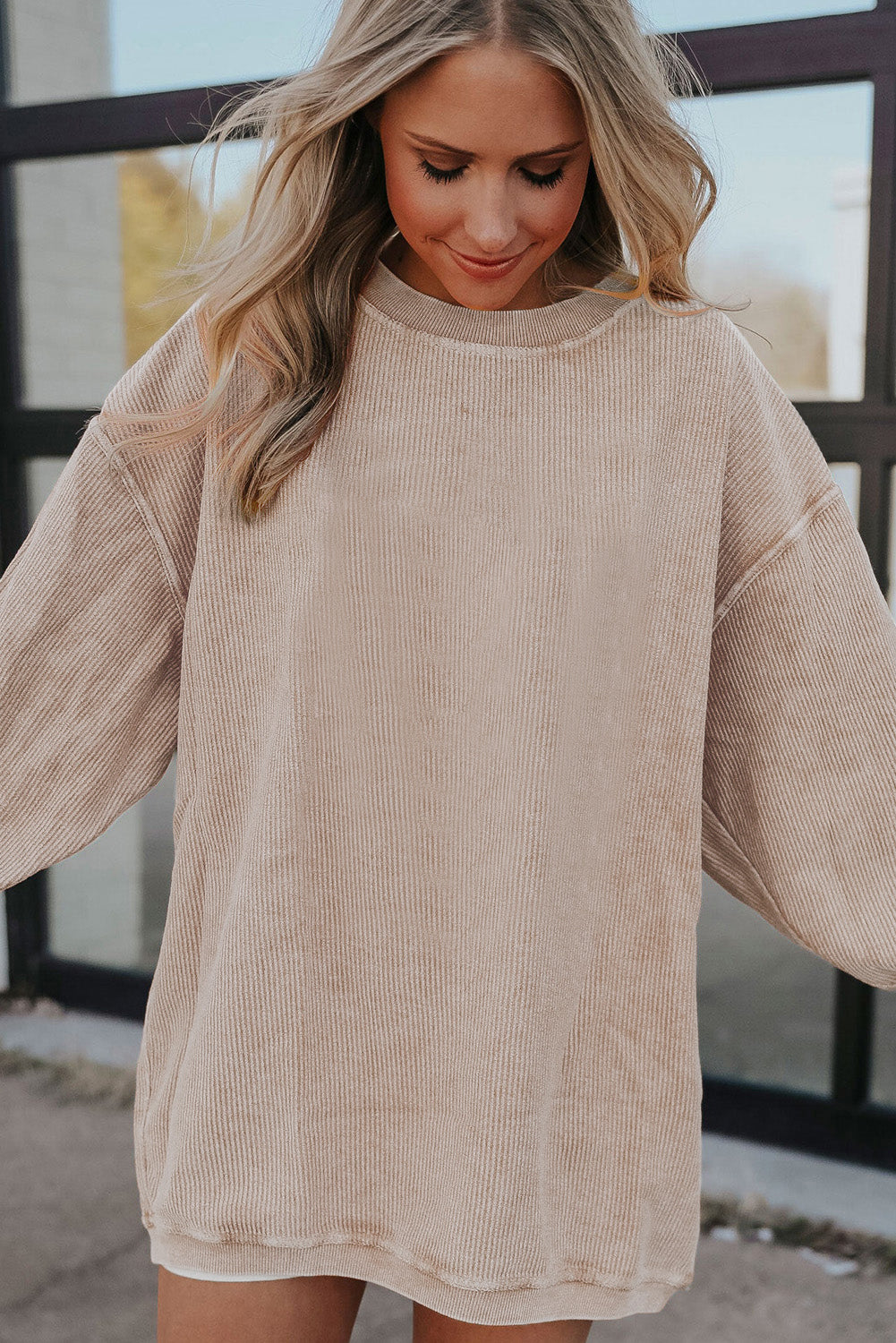 Apricot Ribbed Corduroy Oversized Long Sleeve Top
