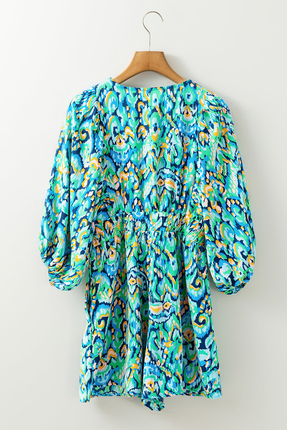 Green Abstract Print V Neck Puff Sleeve Smocked Romper