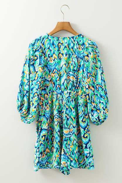Green Abstract Print V Neck Puff Sleeve Smocked Romper