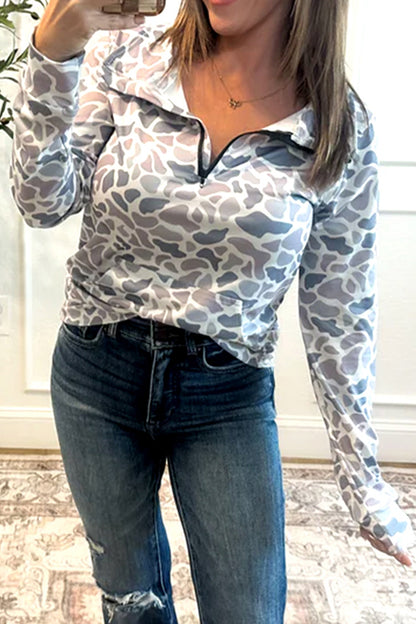 Camo Zip Collar Pullover Sweatshirt with Kangaroo Pocket