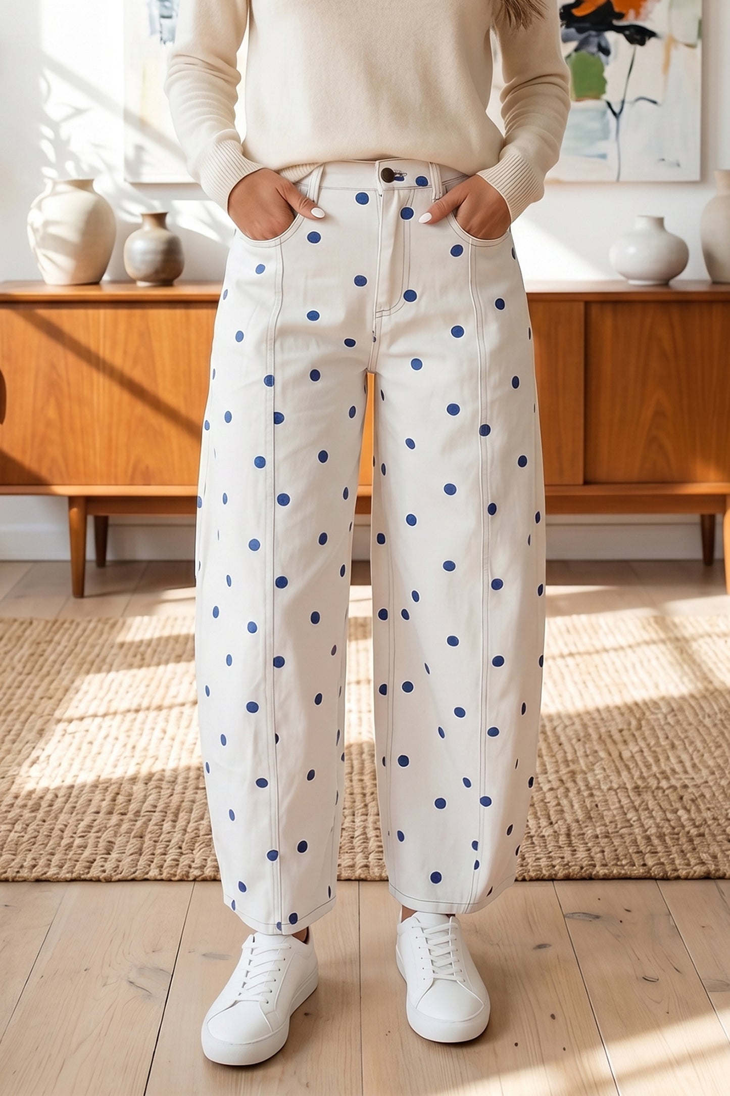 Blue Polka Dot Barrel Jeans High Waist Wide Leg Pants