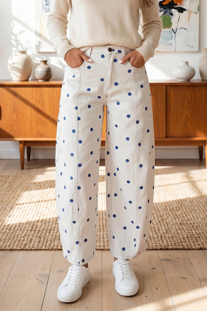 Blue Polka Dot Barrel Jeans High Waist Wide Leg Pants