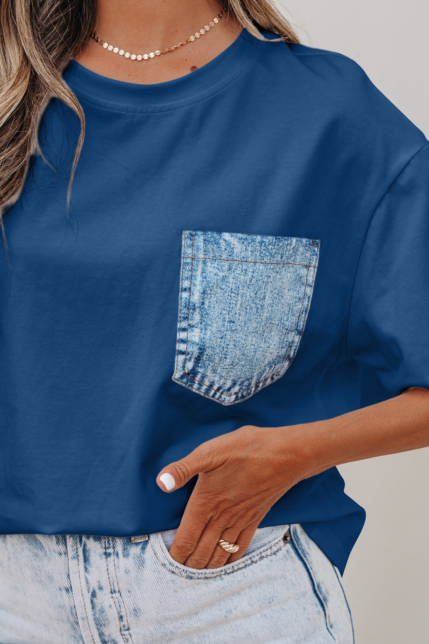 Pocket Tee Women Contrast Denim Pocket Casual T Shirt