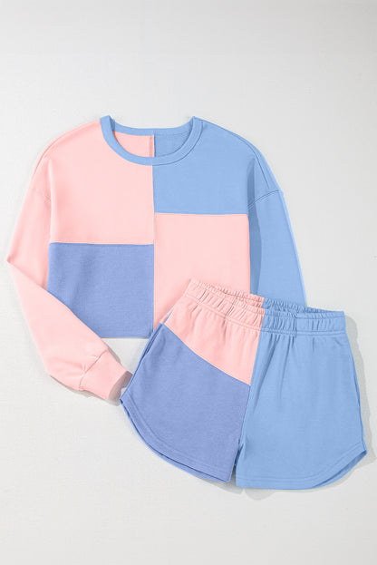 Peach Blossom Colorblock Patchwork Long Sleeve Shorts Outfit