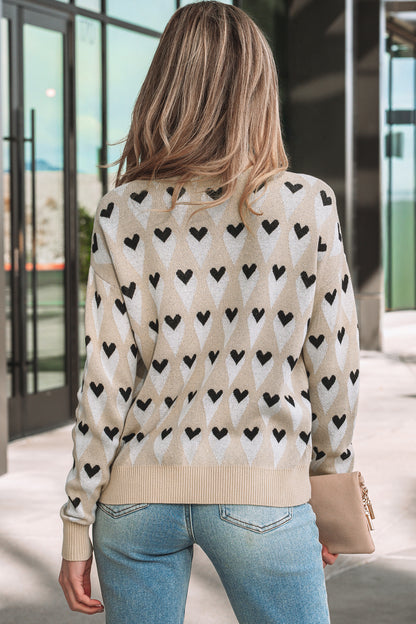 Valentine Heart Print Cozy Knit Loose Fit Sweater