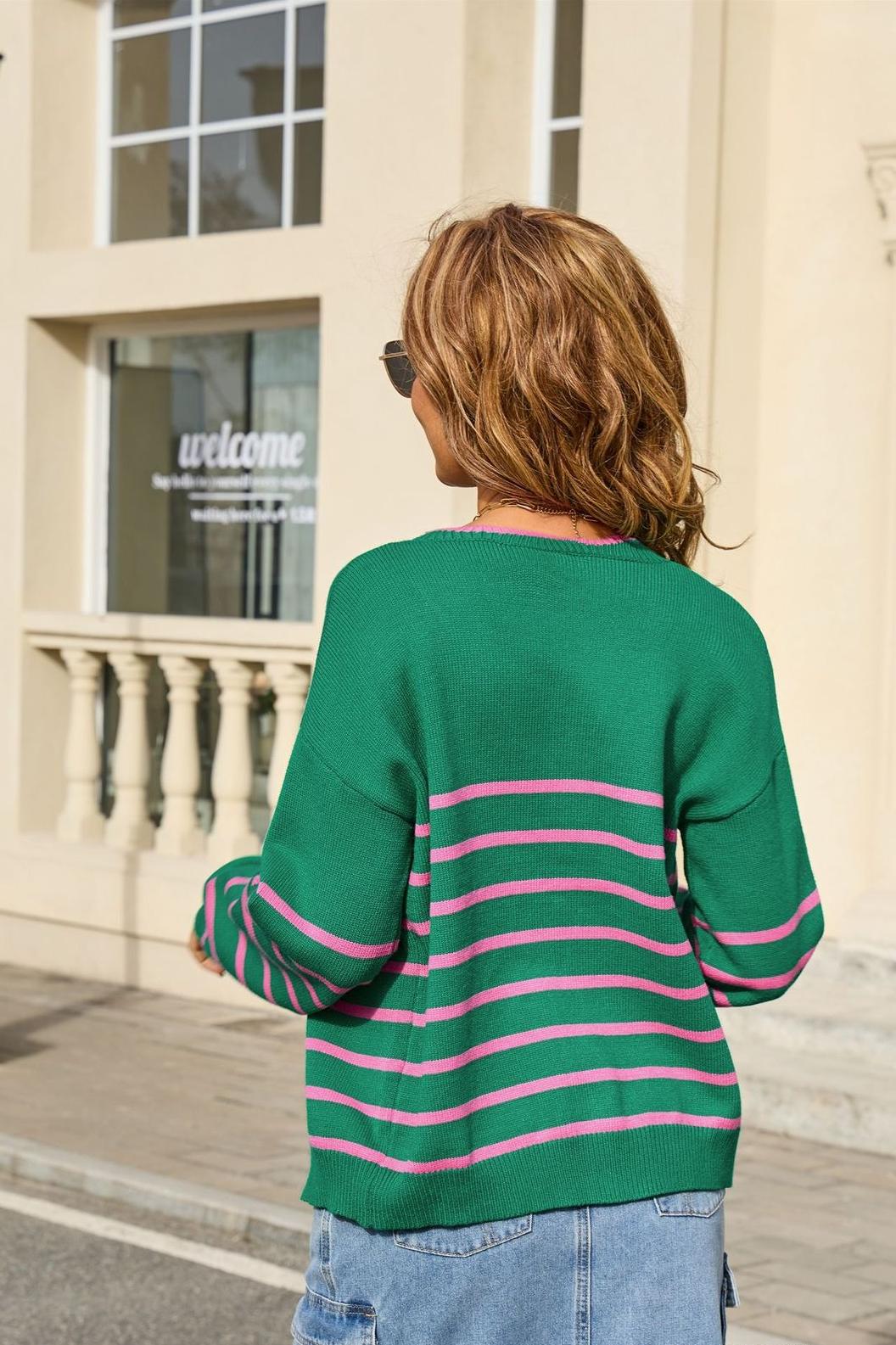 Striped Tie-Front Cardigan – Loose Fit Contrast Knit Top