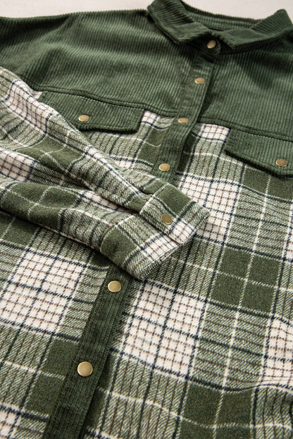 Blackish Green Snap Button Plaid Shacket with Corduroy Patchwork