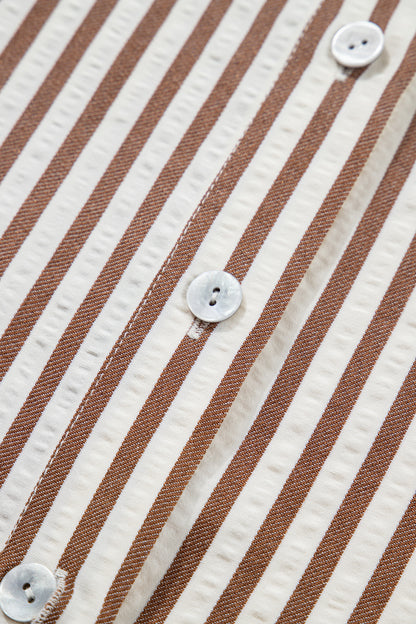 Brown Stripe Knot Waist Puff Sleeve Button Down Shirt Dress