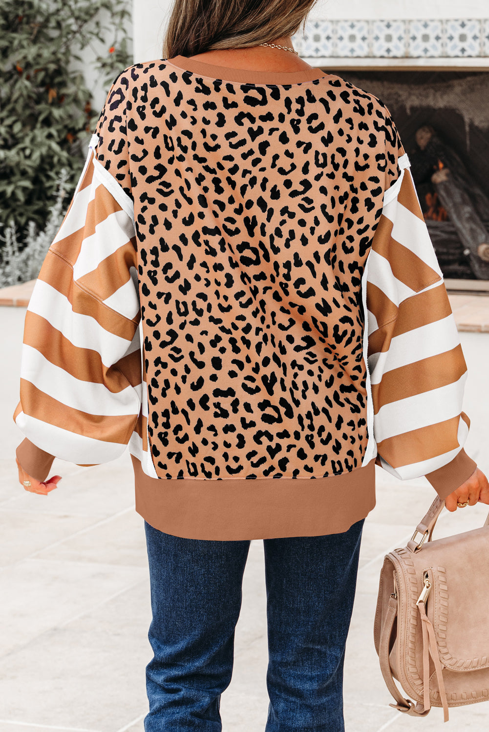 Khaki Stripe Colorblock Leopard Oversized Sweatshirt