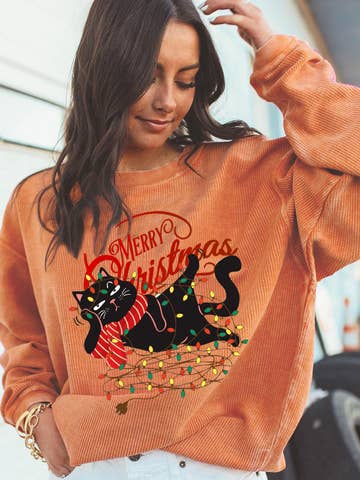 Christmas Cat Graphic Light String Corded Pullover Sweatshirt