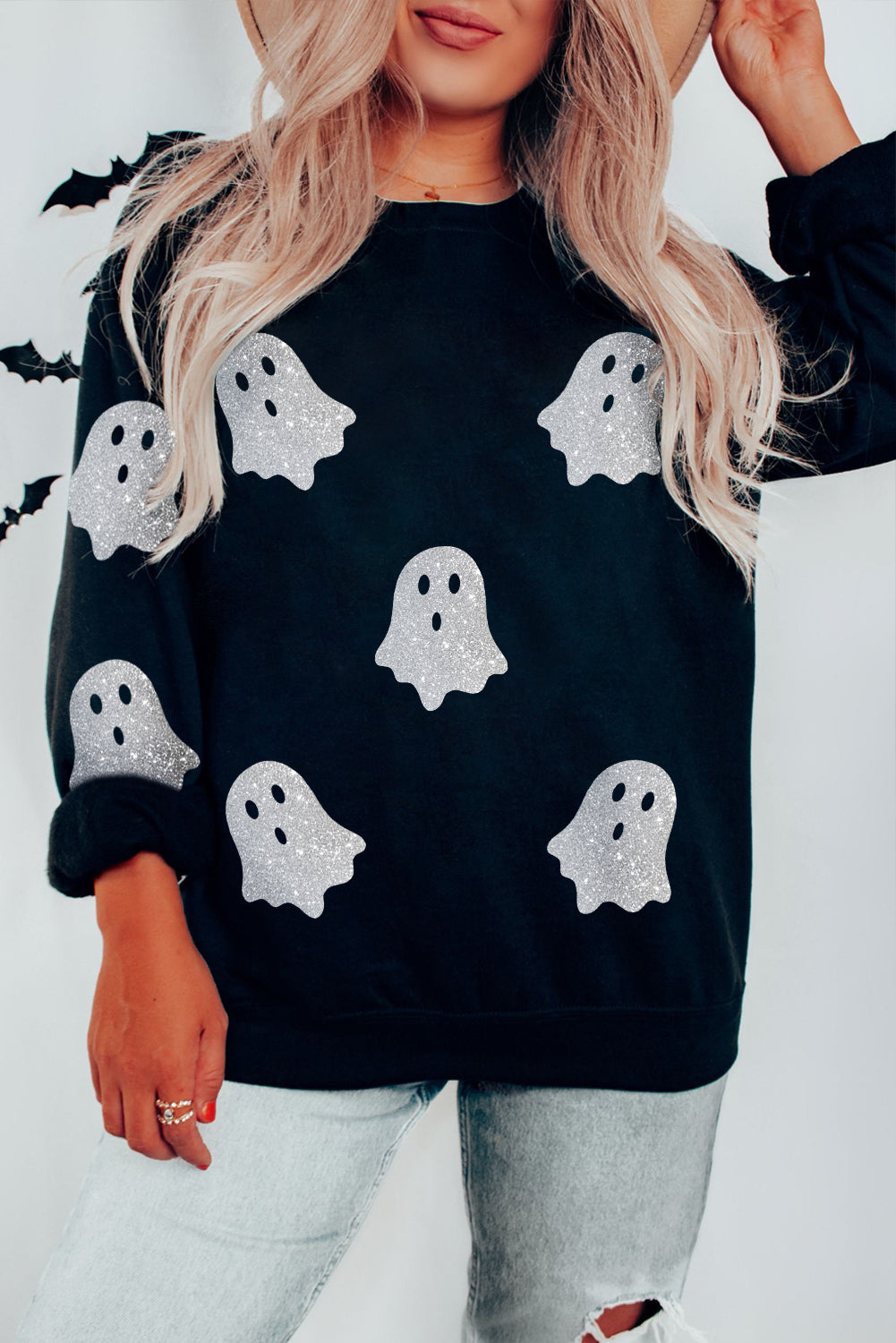Halloween Glitter Ghost Pattern Drop Shoulder Sweatshirt