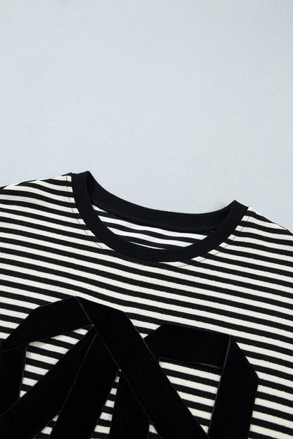 Black Stripe Velvet Bow Pattern Dropped Shoulder Loose Sweatshirt
