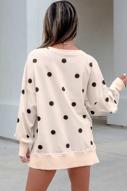 Polka Dot Oversized Long Sleeve Tee Split Hem