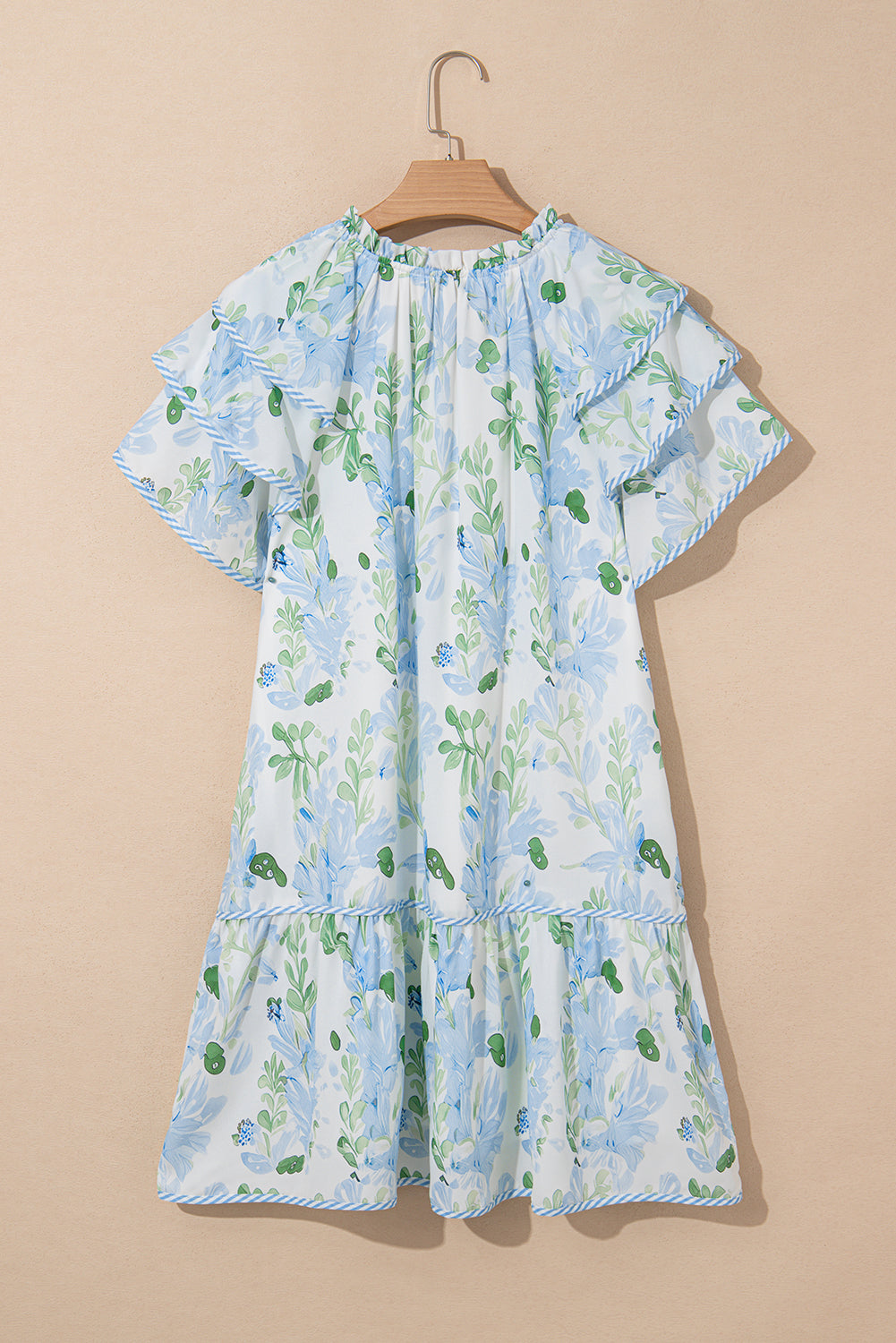 Sky Blue Floral Ruffle Sleeve Tie Neck Mini Dress
