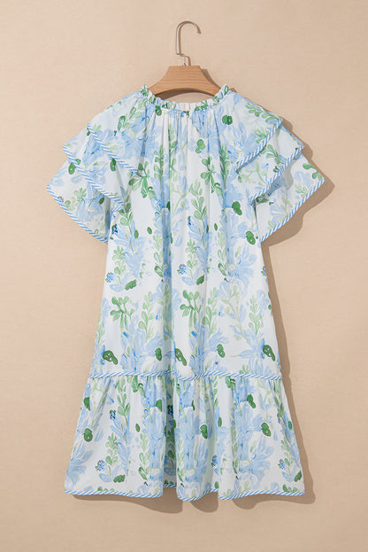 Sky Blue Floral Ruffle Sleeve Tie Neck Mini Dress