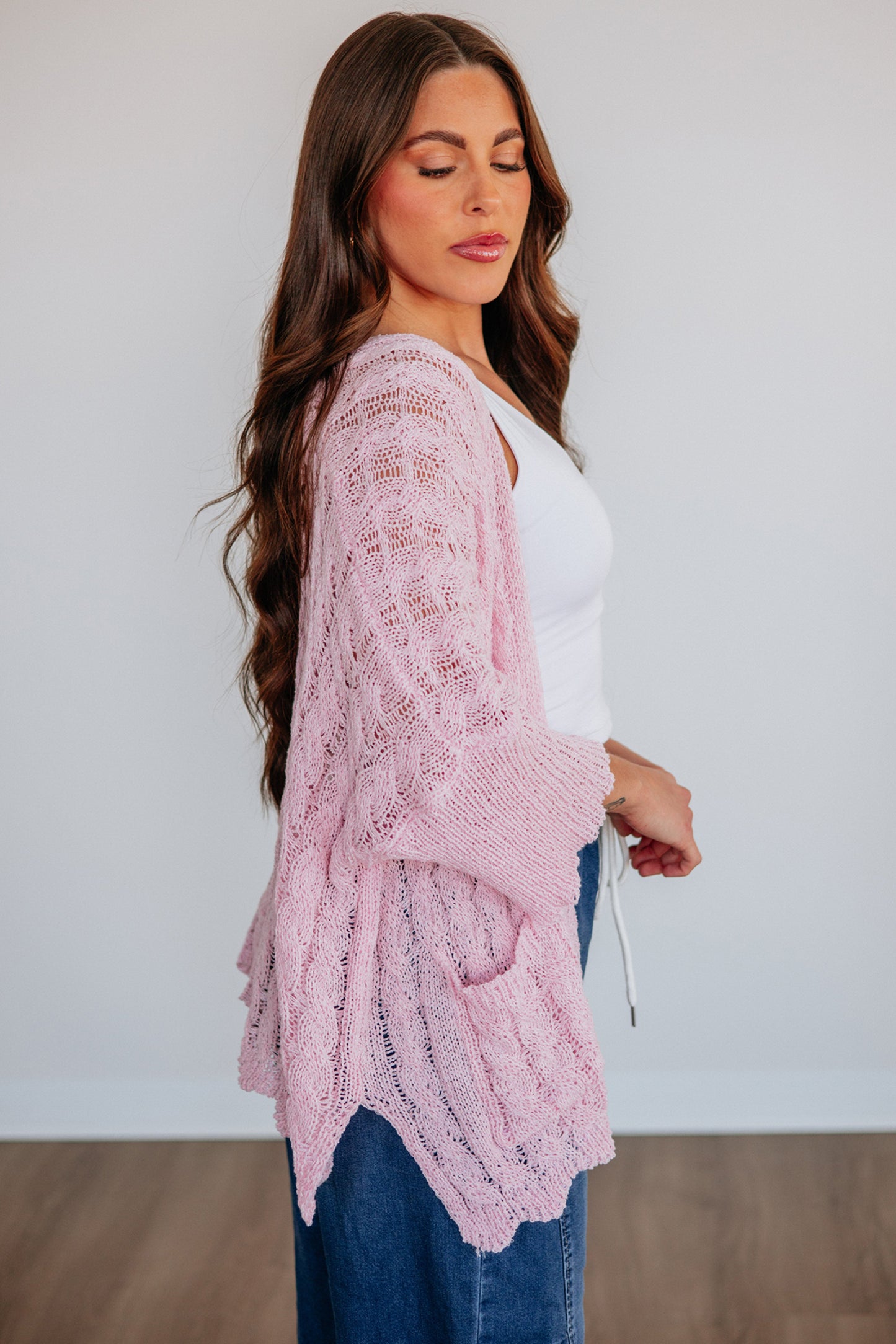 Old Rose Hollow Knit Drop Shoulder Cardigan Sweater