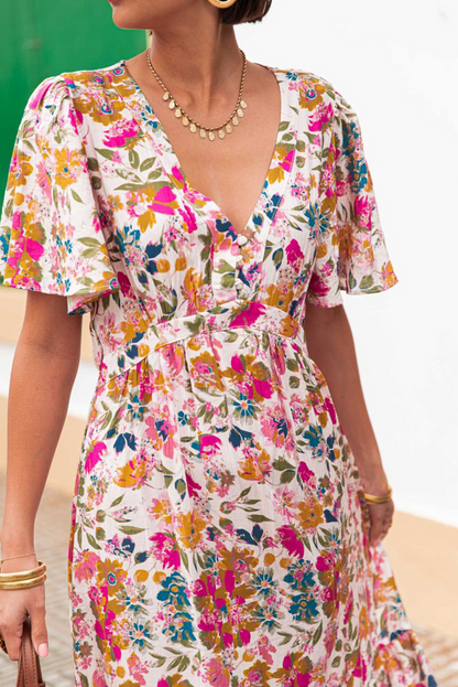 Easter Floral V Neck Short Sleeve Boho Maxi Dress