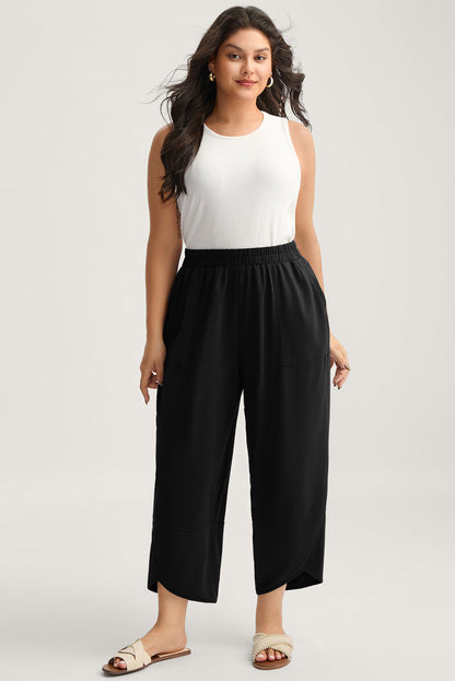 Black Plus Size Elastic Waist Asymmetrical Loose Capris Pants