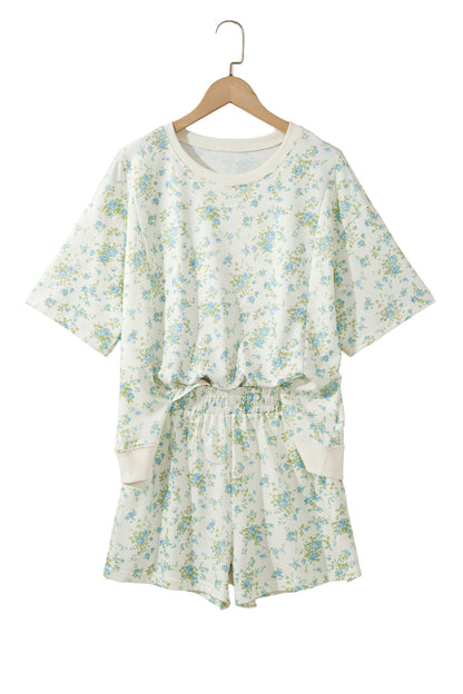 Floral Short Sleeve Lounge Set Women Pocket Shorts Set